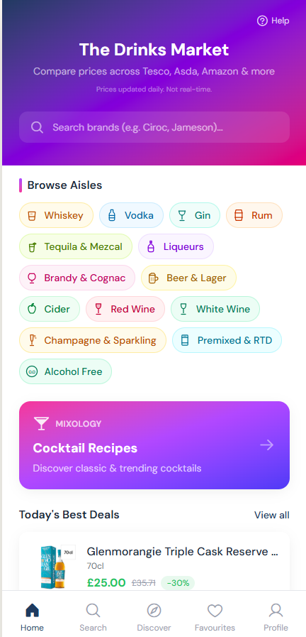 The Drinks Market mobile app home screen showing drink categories, Cocktail Recipes and Today's Best Deals